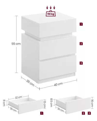 VASAGLE LED Éjjeliszekrény 3 Fiókos Fehér Állítható Színű Világítással