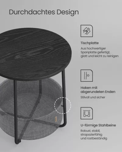 VASAGLE Modern Kerek Éjjeliszekrény Tárolókosárral Fekete-Szürke