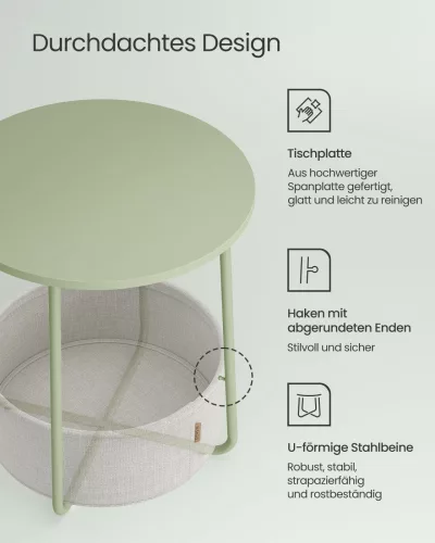 VASAGLE Modern Kerek Kisasztal Tárolókosárral Babérzöld-Krémfehér