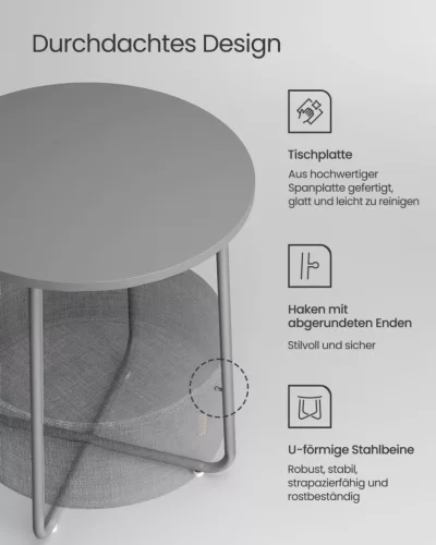 VASAGLE Modern Kerek Kisasztal Tárolókosárral Galambszürke