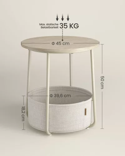 VASAGLE Modern Kerek Kisasztal Tárolókosárral Krémfehér