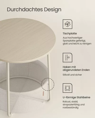 VASAGLE Modern Kerek Kisasztal Tárolókosárral Krémfehér