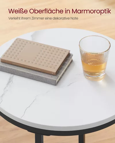VASAGLE Kétrétegű Kisasztal Márvány Hatású Üveglapos Fekete Vázzal