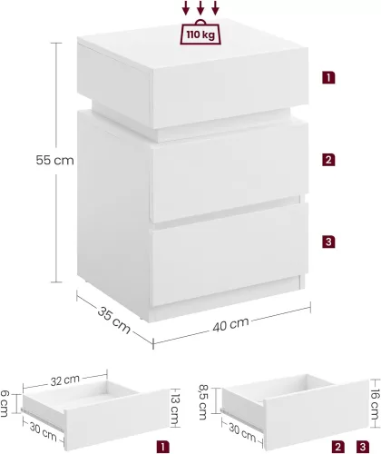 VASAGLE Modern LED Éjjeliszekrény Fehér 3 Fiókos