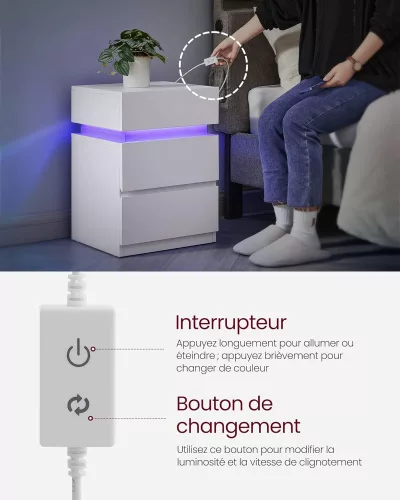VASAGLE Modern LED Éjjeliszekrény Fehér 3 Fiókos