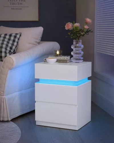 VASAGLE Modern LED Éjjeliszekrény Fehér 3 Fiókos