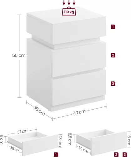 VASAGLE Modern LED Éjjeliszekrény Fehér 3 Fiókos