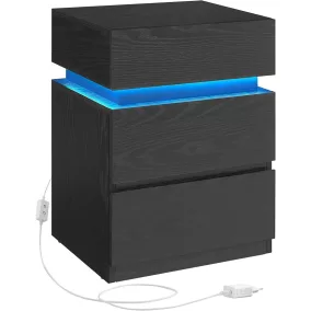   VASAGLE LED Világításos Éjjeliszekrény Fekete Faerezetes