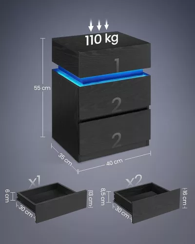 Vasagle LET630T56 éjjeliszekrény LED világítással 3 fiókkal fekete famintás