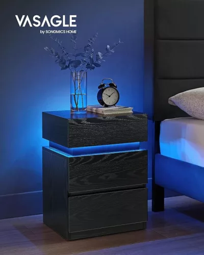 Vasagle LET630T56 éjjeliszekrény LED világítással 3 fiókkal fekete famintás