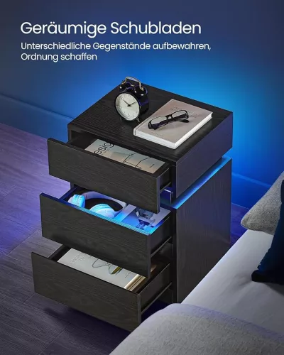 Vasagle LET630T56 éjjeliszekrény LED világítással 3 fiókkal fekete famintás