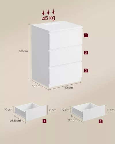 VASAGLE LET631W14 éjjeliszekrény 3 fiókkal beépített töltőállomással felhőfehér