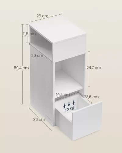 SONGMICS HOME Slim éjjeliszekrény szerszám nélküli összeszerelés 2 nyitott rekesszel és 1 fiókkal 30 x 25 x 59,4 cm fehér