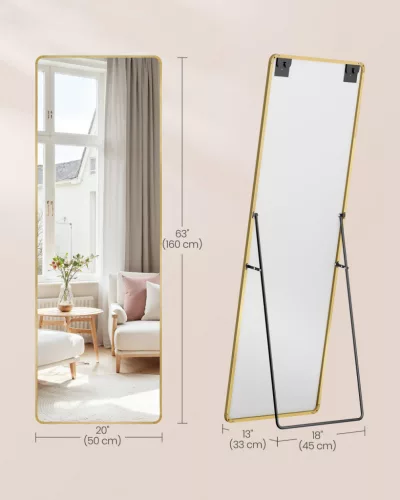 SONGMICS teljes alakos tükör 160 x 50 cm alumínium ötvözet kerettel edzett üveggel halvány arany