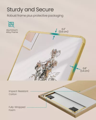 SONGMICS teljes alakos tükör 160 x 50 cm alumínium ötvözet kerettel edzett üveggel halvány arany