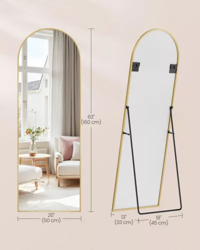 SONGMICS teljes alakos tükör 160 x 50 cm íves alumínium kerettel temperált üveg halvány arany