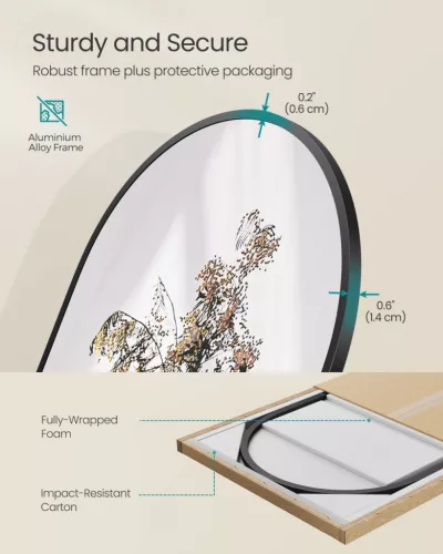 SONGMICS 150 x 40 cm álló tükör ívelt alumínium kerettel, edzett üveg, tintafekete