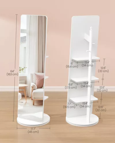 SONGMICS álló tükör 360° forgatható polcokkal és akasztókkal 163 x 45 cm felhőfehér