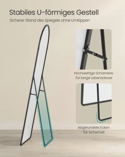 SONGMICS álló tükör ívelt alumínium kerettel edzett üveg matt fekete 160 x 50 cm