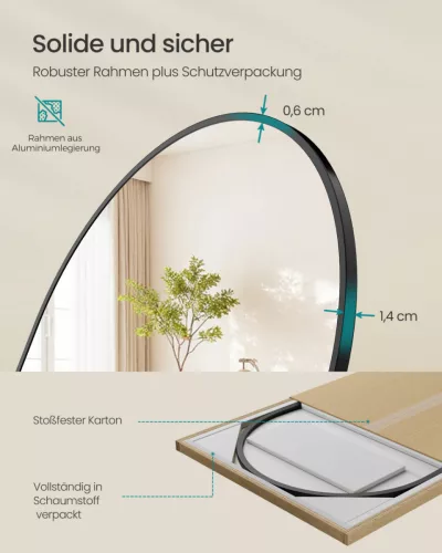 SONGMICS álló tükör ívelt alumínium kerettel edzett üveg matt fekete 160 x 50 cm