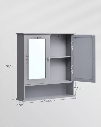 VASAGLE fali fürdőszobai szekrény tükrös ajtókkal MDF galamb szürke