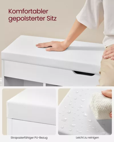 VASAGLE Cipős Pad Párnázott Ülőkével Fehér Rejtett Tárolóval 150 kg Teherbírás