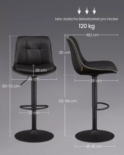 VASAGLE LJB095B01 bárszék szett 2 db magasságállítható forgó konyhai szék steppelt PU borítással háttámlával és lábtartóval tintafekete
