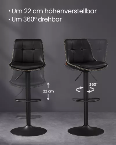 VASAGLE LJB095B01 bárszék szett 2 db magasságállítható forgó konyhai szék steppelt PU borítással háttámlával és lábtartóval tintafekete