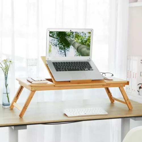SONGMICS Bambusz Állítható Laptop Asztal Szellőzőnyílásokkal és Fiókkal