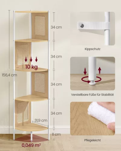 VASAGLE Rattan 5 Szintes Sarokpolc Tölgy Bézs Fém Vázzal