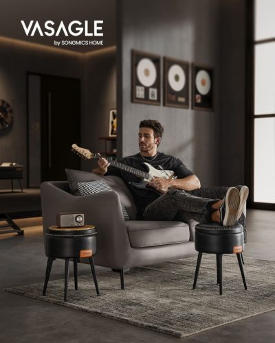 VASAGLE EKHO Tárolós Puff Szék Fekete Műbőr Ülőke