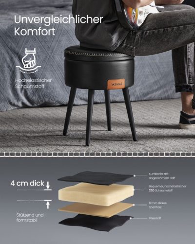 VASAGLE EKHO Tárolós Puff Szék Fekete Műbőr Ülőke