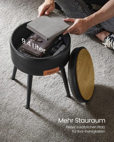 VASAGLE EKHO Tárolós Puff Szék Fekete Műbőr Ülőke