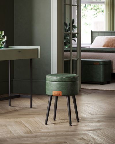 VASAGLE EKHO Tárolós Puff Mid-Century Modern Erdőzöld PU Bőr Ülőke Acél Lábakkal