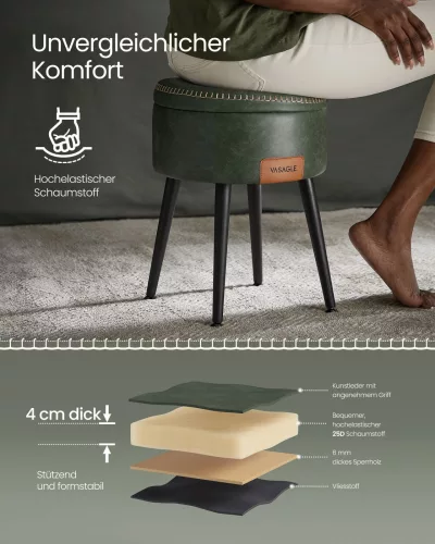 VASAGLE EKHO Tárolós Puff Mid-Century Modern Erdőzöld PU Bőr Ülőke Acél Lábakkal