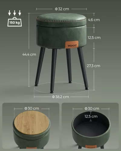 VASAGLE EKHO Tárolós Puff Mid-Century Modern Erdőzöld PU Bőr Ülőke Acél Lábakkal