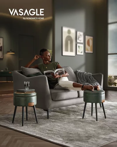 VASAGLE EKHO Tárolós Puff Mid-Century Modern Erdőzöld PU Bőr Ülőke Acél Lábakkal