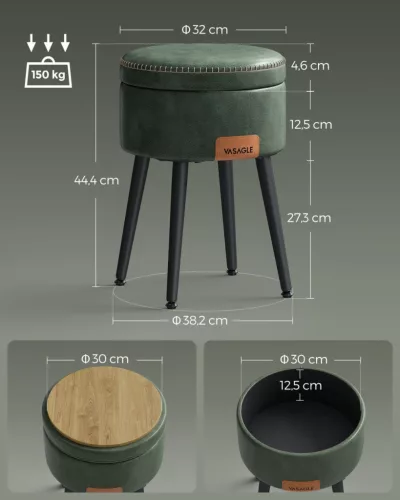 VASAGLE EKHO tároló ülőke fésülködőasztalhoz PU erdőzöld mid-century modern