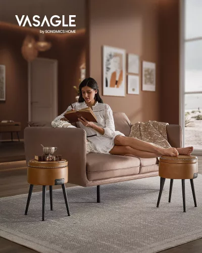 VASAGLE EKHO Tárolós Puff Mid-Century Modern Karamellbarna Műbőr Ülőke Acél Lábakkal