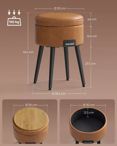 VASAGLE EKHO Tárolós Puff Mid-Century Modern Karamellbarna Műbőr Ülőke Acél Lábakkal