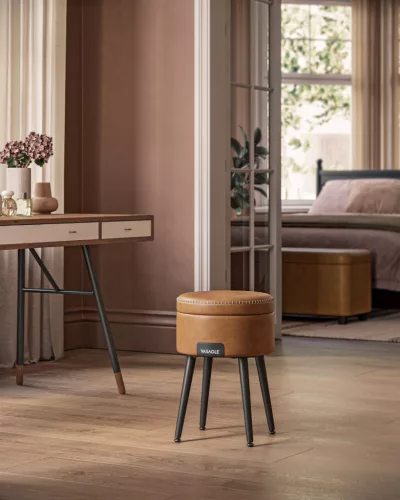 VASAGLE EKHO tároló puff műbőr karamell barna mid-century modern stílusban