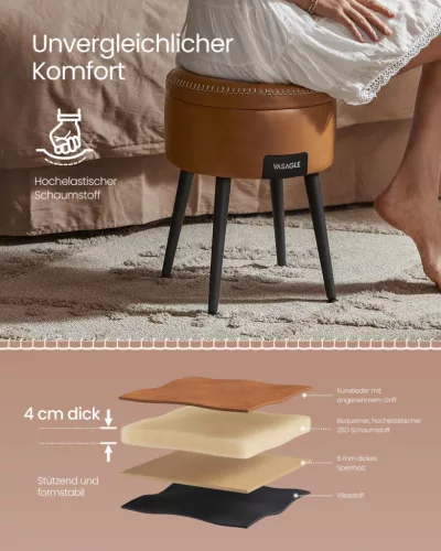 VASAGLE EKHO tároló puff műbőr karamell barna mid-century modern stílusban