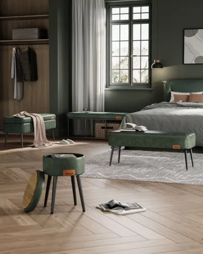 VASAGLE EKHO Műbőr Ülőpad Erdőzöld Acél Lábakkal Mid-Century Modern Stílusban