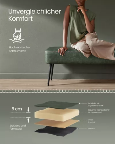 VASAGLE EKHO Műbőr Ülőpad Erdőzöld Acél Lábakkal Mid-Century Modern Stílusban