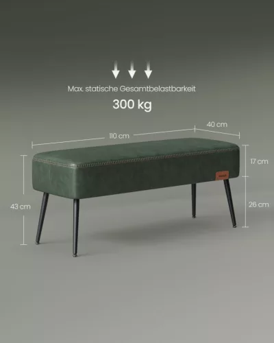 VASAGLE EKHO Műbőr Ülőpad Erdőzöld Acél Lábakkal Mid-Century Modern Stílusban