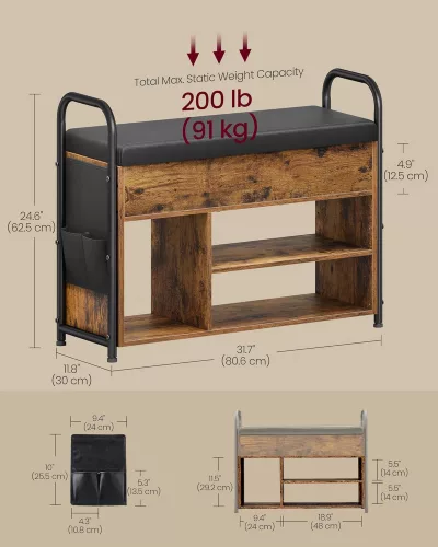 VASAGLE Vintage Cipőtároló Pad Tárolórekesszel Rusztikus Barna-Fekete