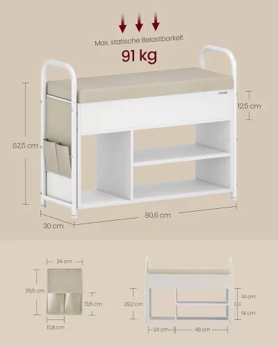VASAGLE Multifunkciós Cipőspad Tárolóval Fehér-Cappuccino