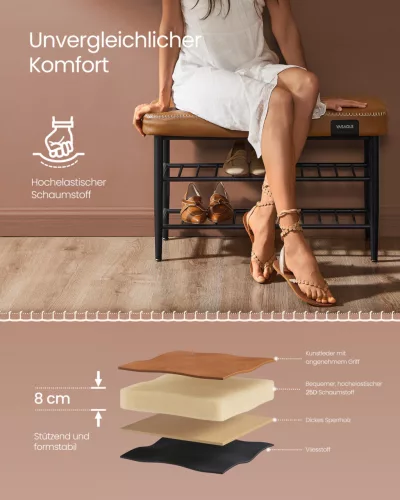 VASAGLE EKHO LSB054K01 cipős pad műbőr varrással karamell 80 x 30 x 50 cm 135 kg teherbírás