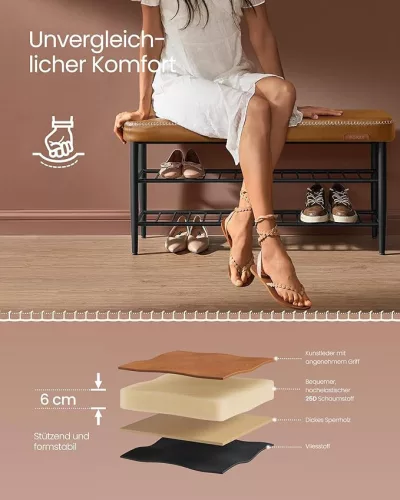 VASAGLE EKHO Karamell Barna Cipőspad Műbőr Ülőfelülettel Mid-Century Modern Stílusban