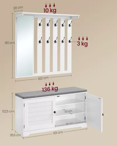 VASAGLE cipős pad tükrös fali fogas szett felhőfehér